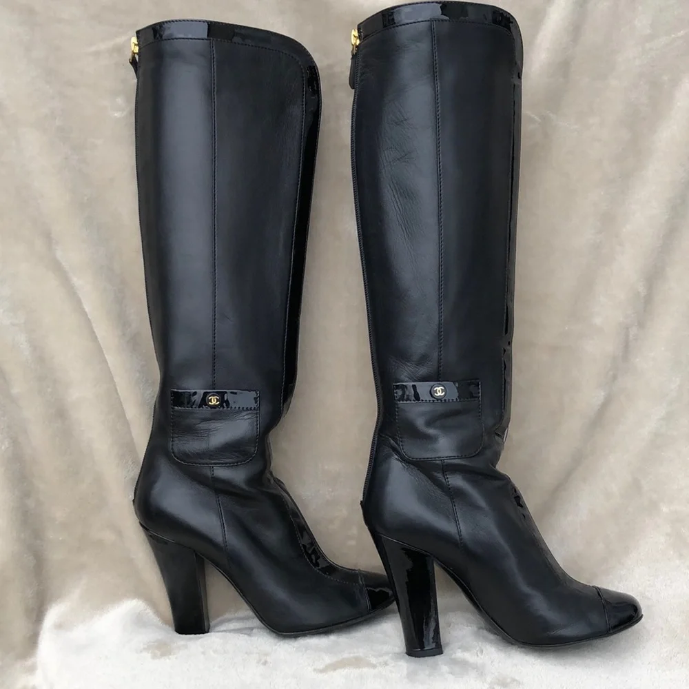 CHANEL Black Leather Tall Boots with Gold Accents - Picture 6 of 16